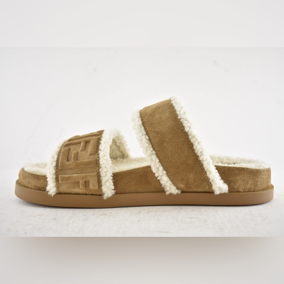 Fendi Feel Slide Shearling Fur Lined Bronze Monogram Logo Mule Flat Sandal 38.5 - Picture 11 of 16